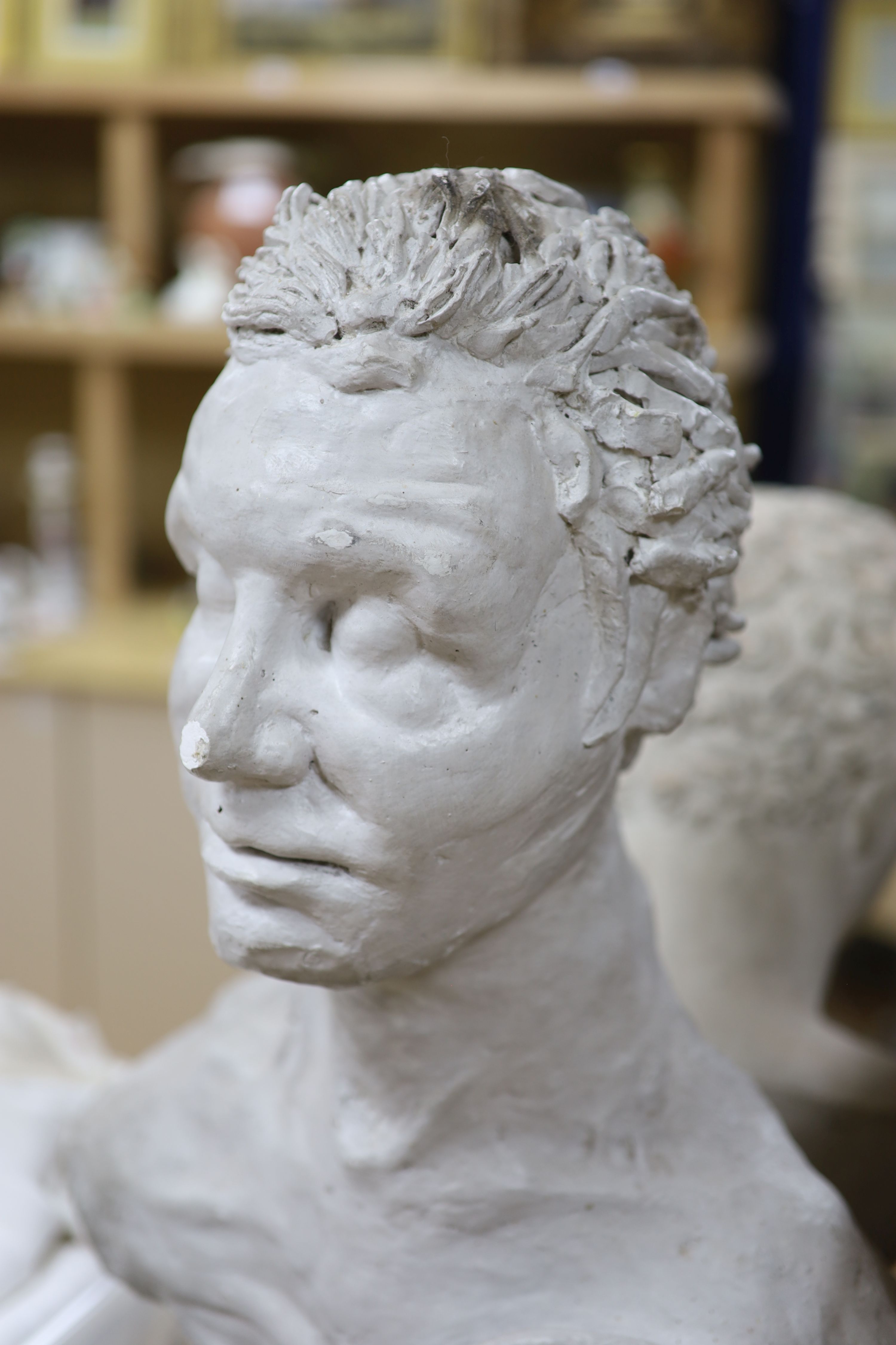 A theatrical plaster bust of a gentleman, height 70cm